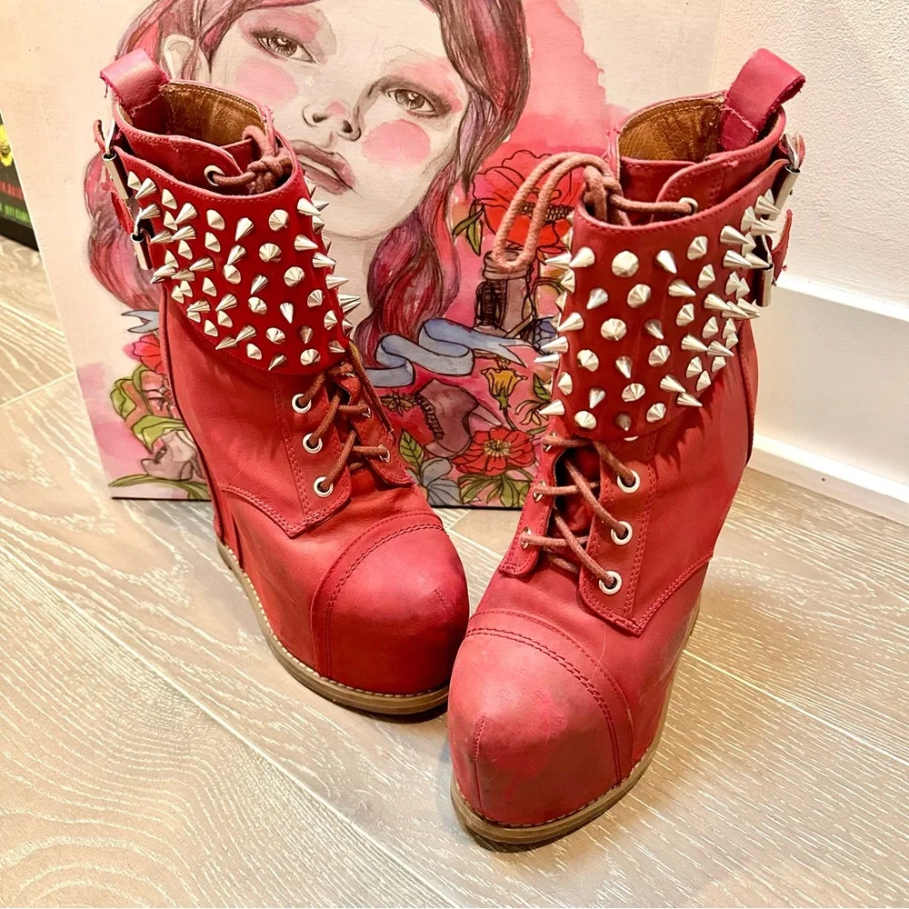 JEFFREY CAMPBELL Red Studded Women's Platform Boots W7 - Picture 3 of 4
